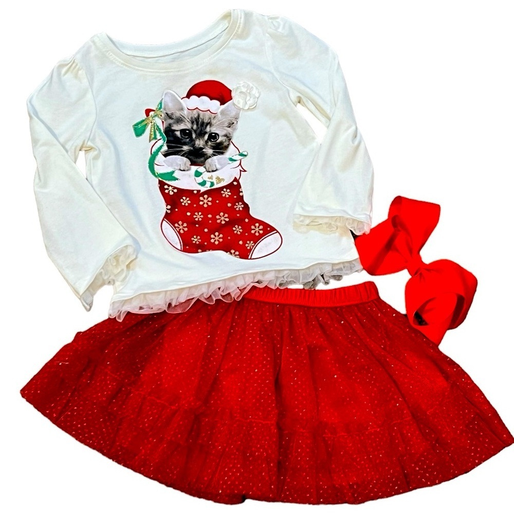 Christmas outfit skirt long sleeve top hair bow Santa kitty cat 18 months